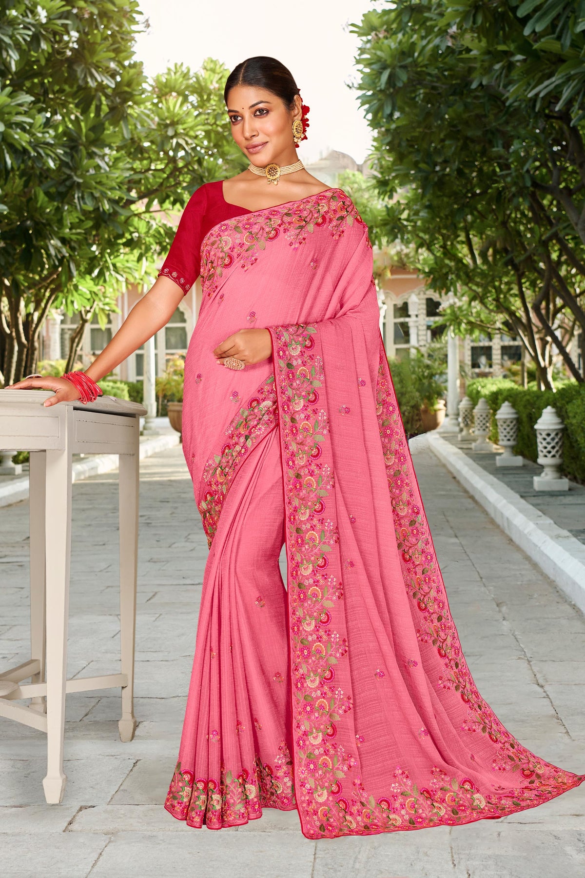 Laxmipati Falooda Floral Embroidered Chiffon Saree in Pink Color with Unstitched Blouse