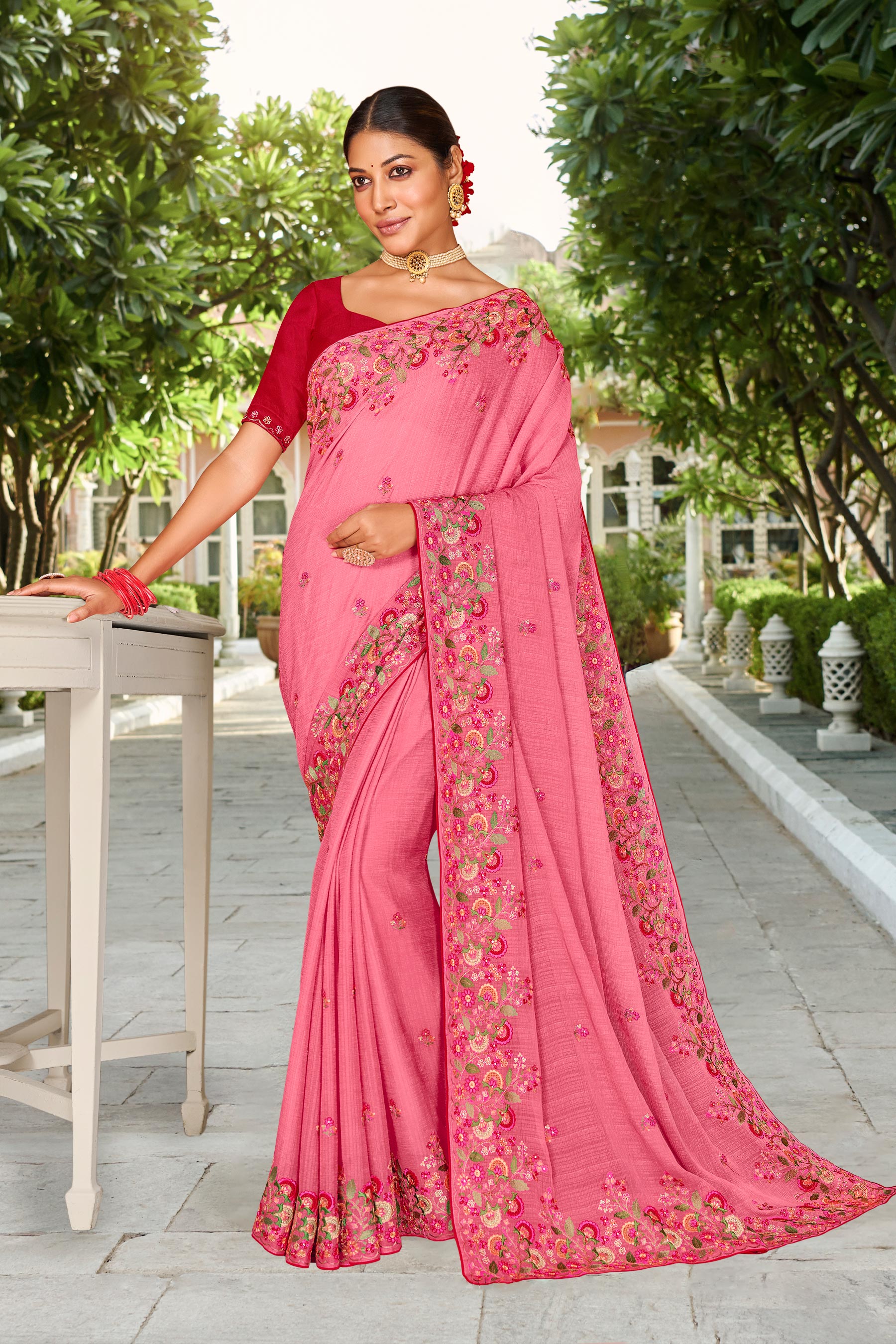 Laxmipati Falooda Floral Embroidered Chiffon Saree in Pink Color with Unstitched Blouse