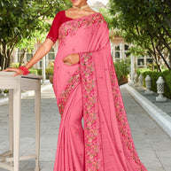 Laxmipati Falooda Floral Embroidered Chiffon Saree in Pink Color with Unstitched Blouse
