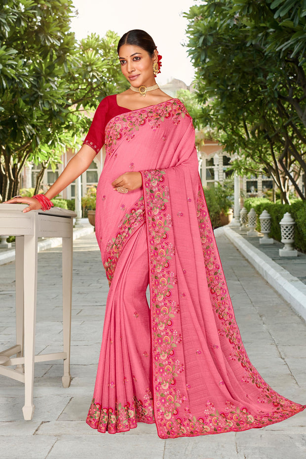 Laxmipati Falooda Floral Embroidered Chiffon Saree in Pink Color with Unstitched Blouse