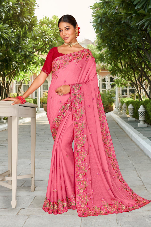 Laxmipati Falooda Floral Embroidered Chiffon Saree in Pink Color with Unstitched Blouse