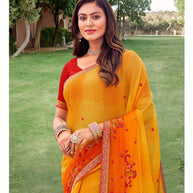 Laxmipati Falooda Ombre Floral Embroidered along with Stone Work Chiffon Saree in Yellow Color with Unstitched Blouse