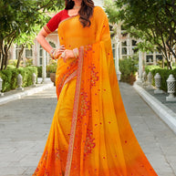 Laxmipati Falooda Ombre Floral Embroidered along with Stone Work Chiffon Saree in Yellow Color with Unstitched Blouse