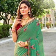 Laxmipati Falooda Floral Embroidered Chiffon Saree in Green Color with Unstitched Blouse
