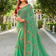 Laxmipati Falooda Floral Embroidered Chiffon Saree in Green Color with Unstitched Blouse