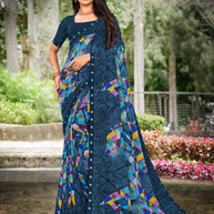 Blue Georgette Saree with Geometrical Print & Fancy Lace Border - Chitra