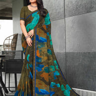 Dark Green Georgette Abstract Print Saree with Lace Border - Chitra