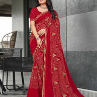 Red Georgette Stripe Saree with Geometrical Print & Designer Border - Chitra