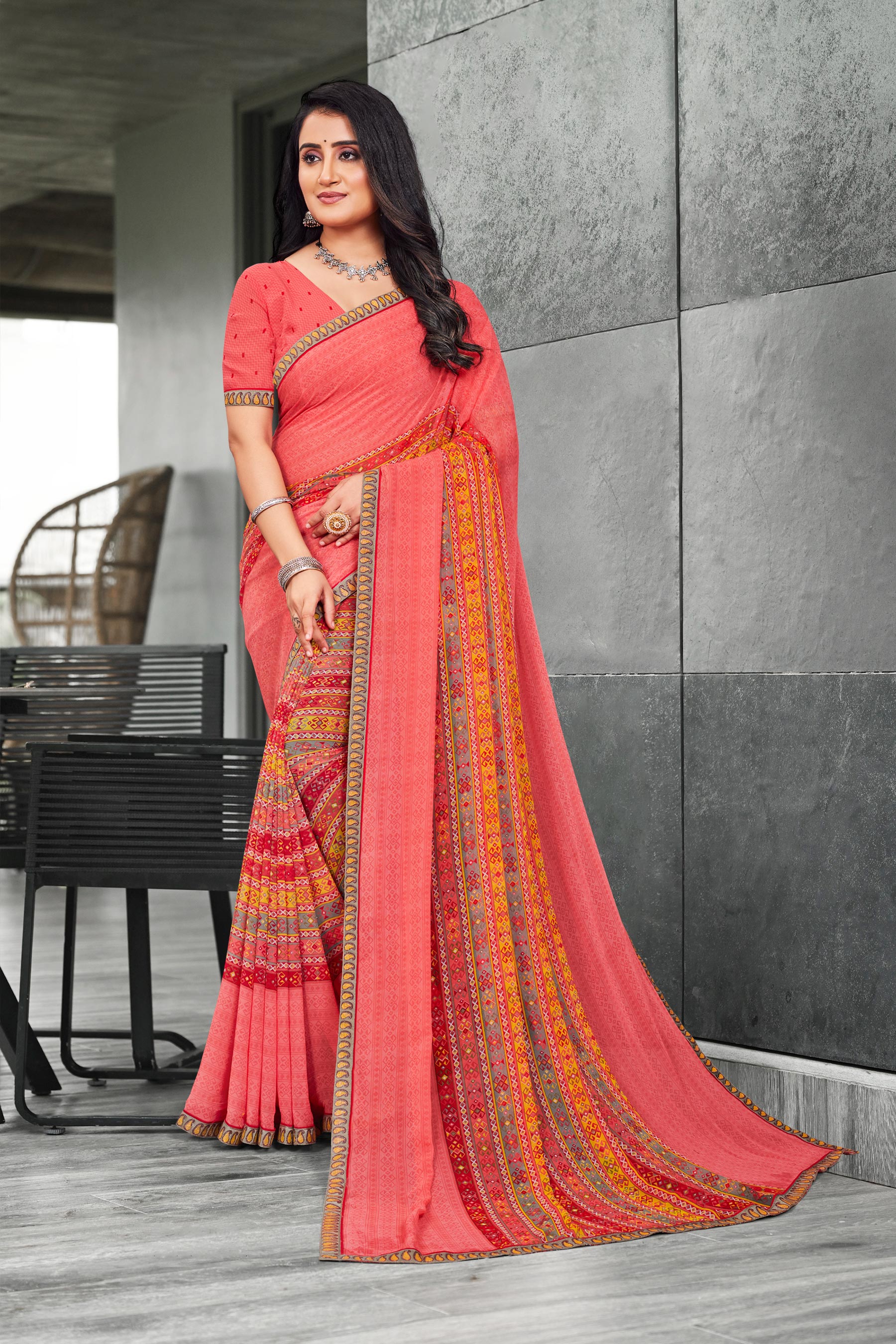 Laxmipati Priya 13423 Georgette Peach Saree