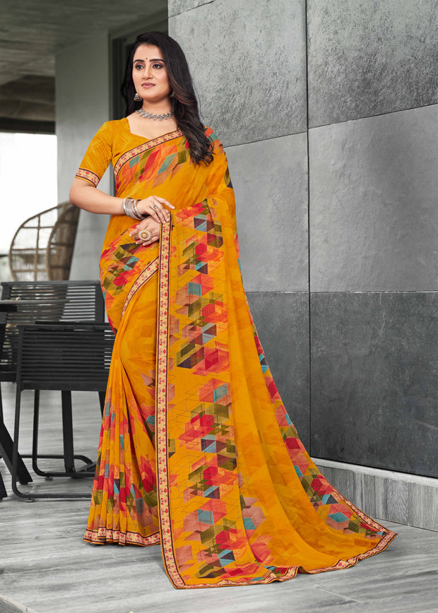 Mustard Georgette Geometrical Saree with Fancy Lace Border -  Chitra