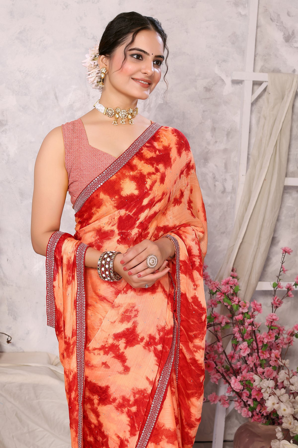 Laxmipati 13458 Swarda Peach Satin Chiffon Diamond Work Saree