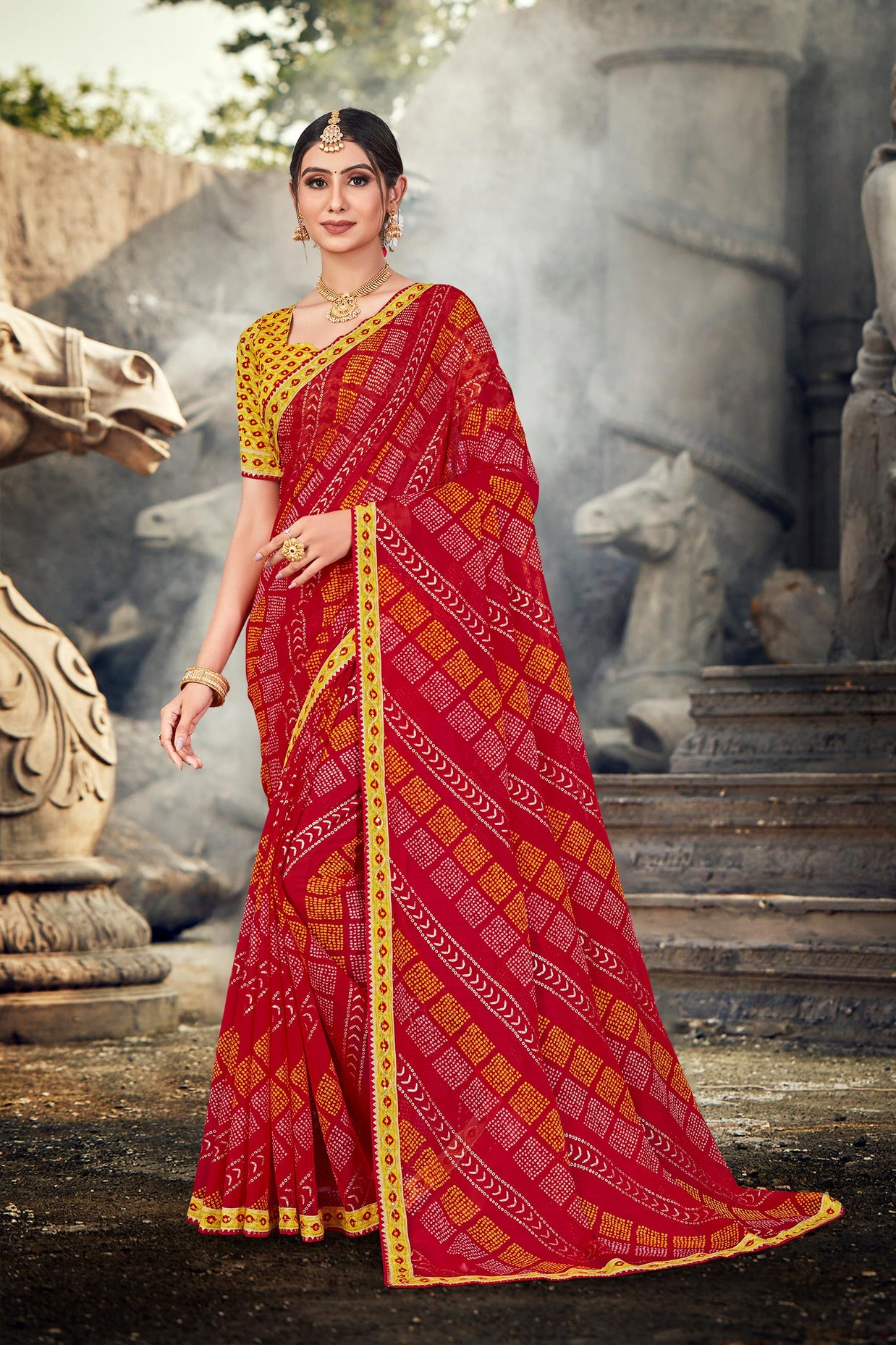Laxmipati Red Chiffon Saree with Geometric Print