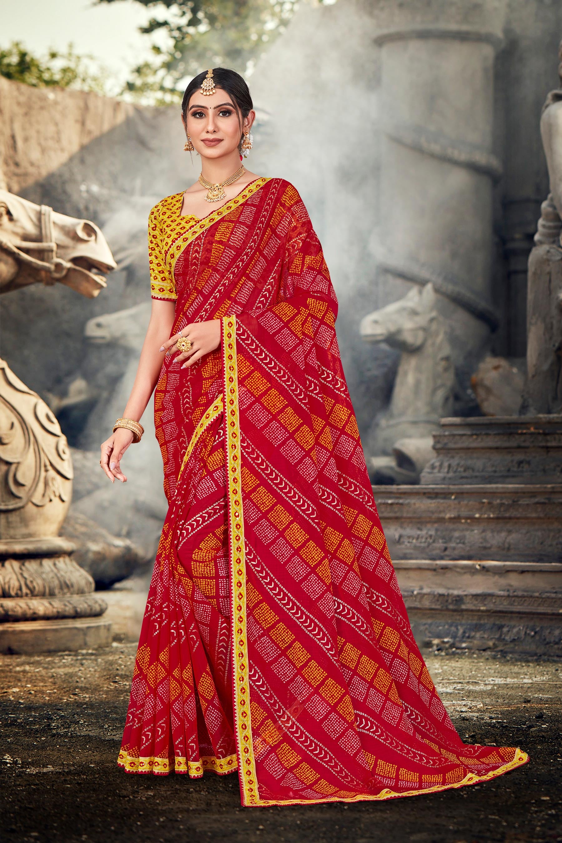 Laxmipati Red Chiffon Saree with Geometric Print