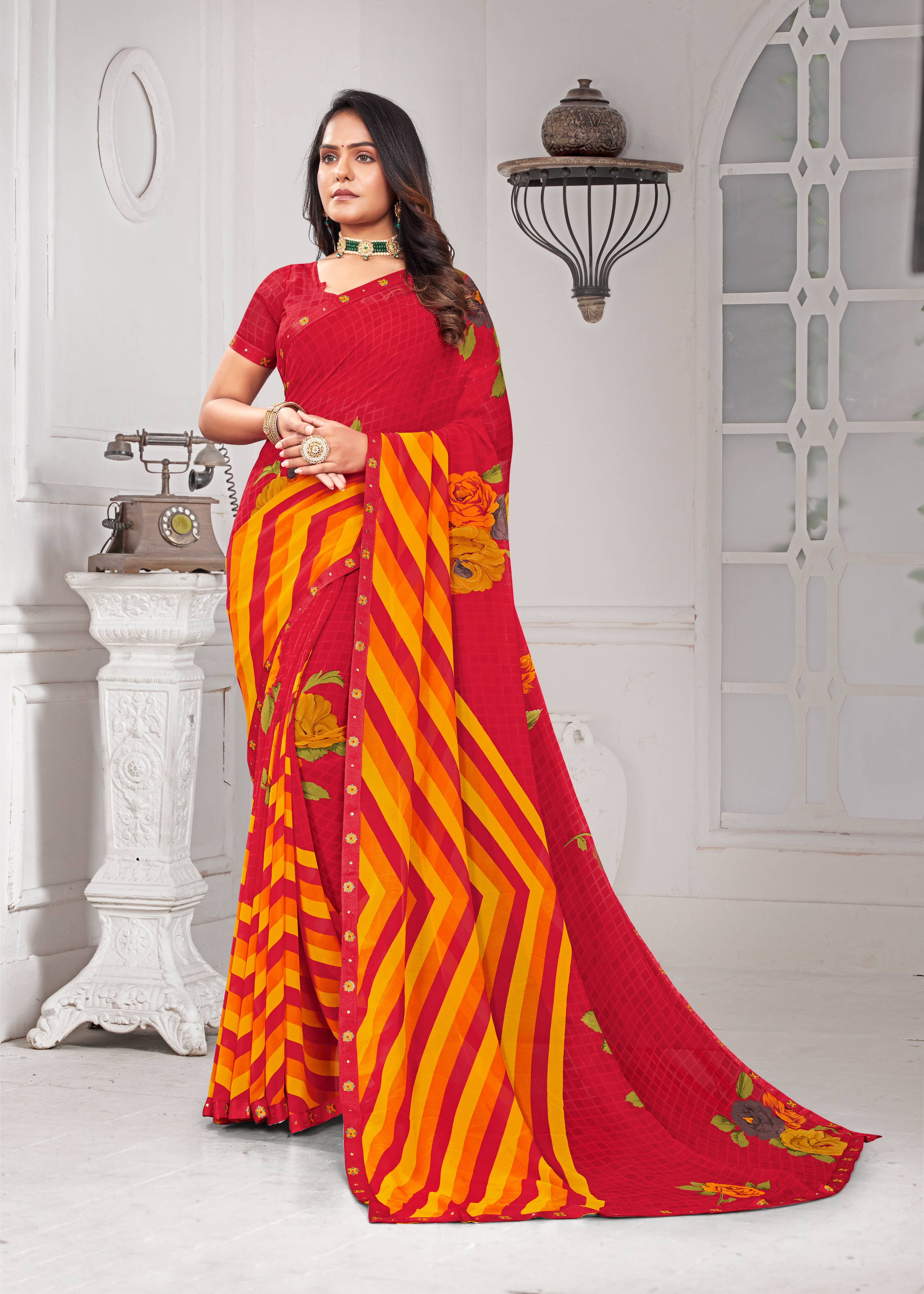 Red Georgette Stripe Floral Print Saree with Lace Border