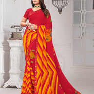 Red Georgette Stripe Floral Print Saree with Lace Border - Chitra