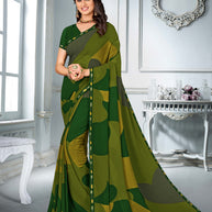 Green Georgette Abstract Print Saree with Lace Border - Chitra