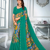 Turquoise Georgette Saree with Geometrical Print & Fancy Lace Border - Chitra