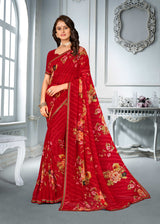 Georgette Red Floral Print Saree with Lace Border – Elegant & Timeless