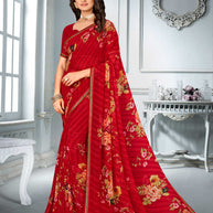 Red Georgette Floral Print Saree with Elegant Border - Chitra