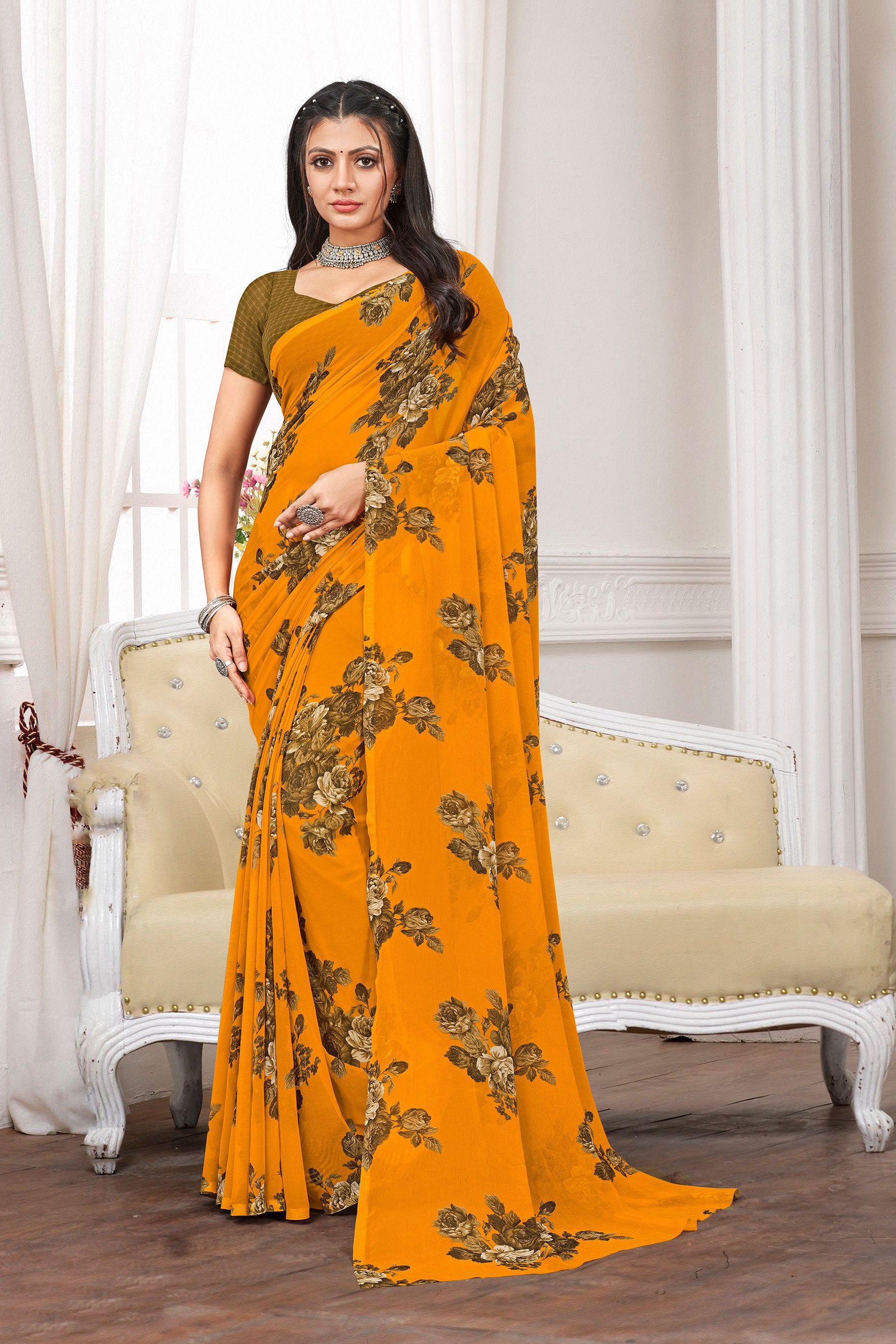 Laxmipati Mustard Georgette Floral Printed Saree