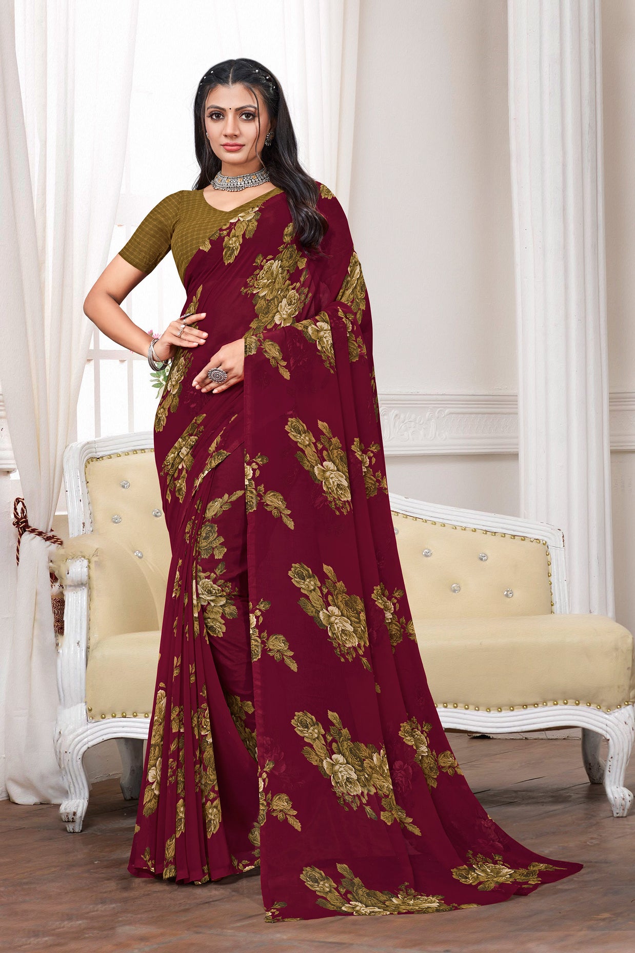 Laxmipati Maroon Georgette Floral Printed Saree