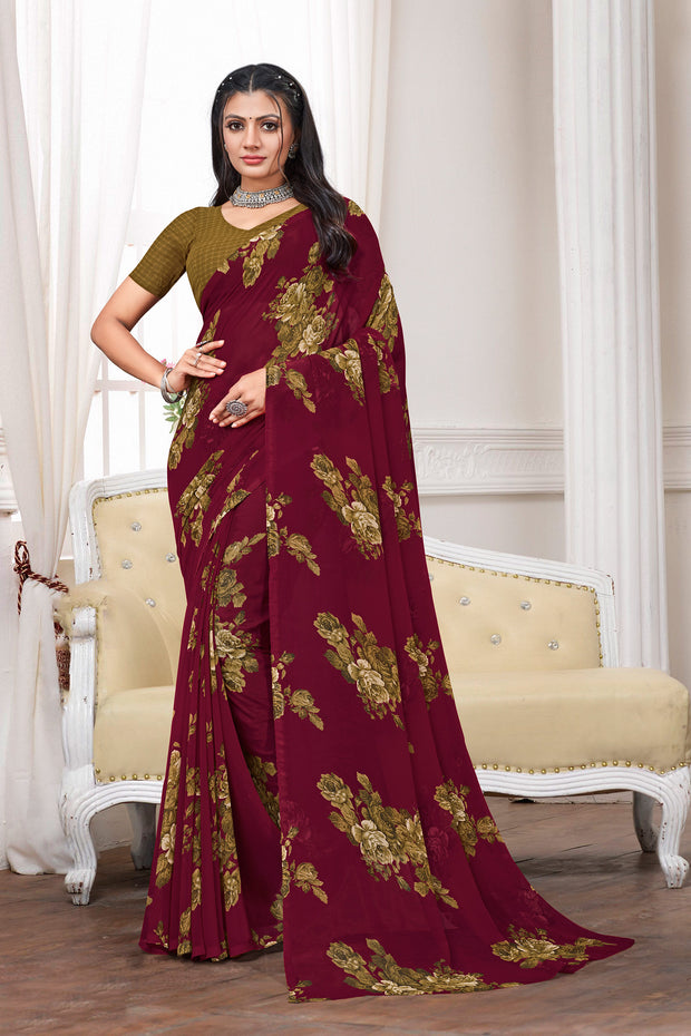 Laxmipati Maroon Georgette Floral Printed Saree