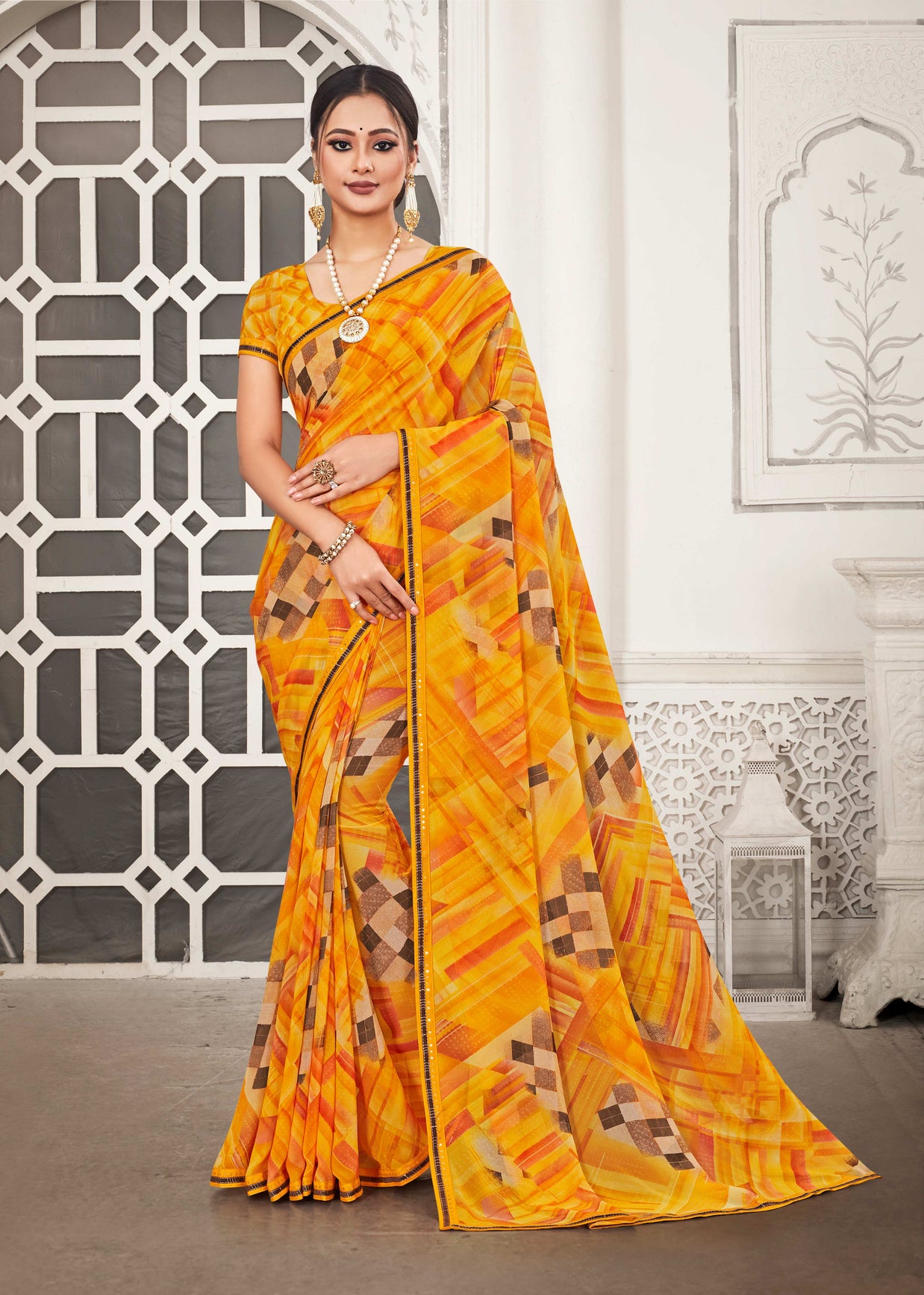 Yellow Georgette Saree with Abstract Geometrical Print & Embroidery Border - Chitra