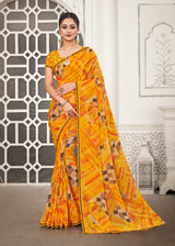 Georgette Yellow Abstract & Geometrical Print Saree with Lace Border – Stylish & Vibrant