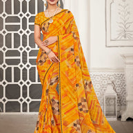 Yellow Georgette Saree with Abstract Geometrical Print & Embroidery Border - Chitra