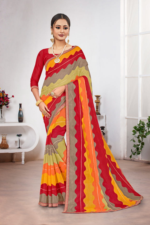 Laxmipati Wavy Printed Chiffon Saree in Multicolor with Unstitched Blouse