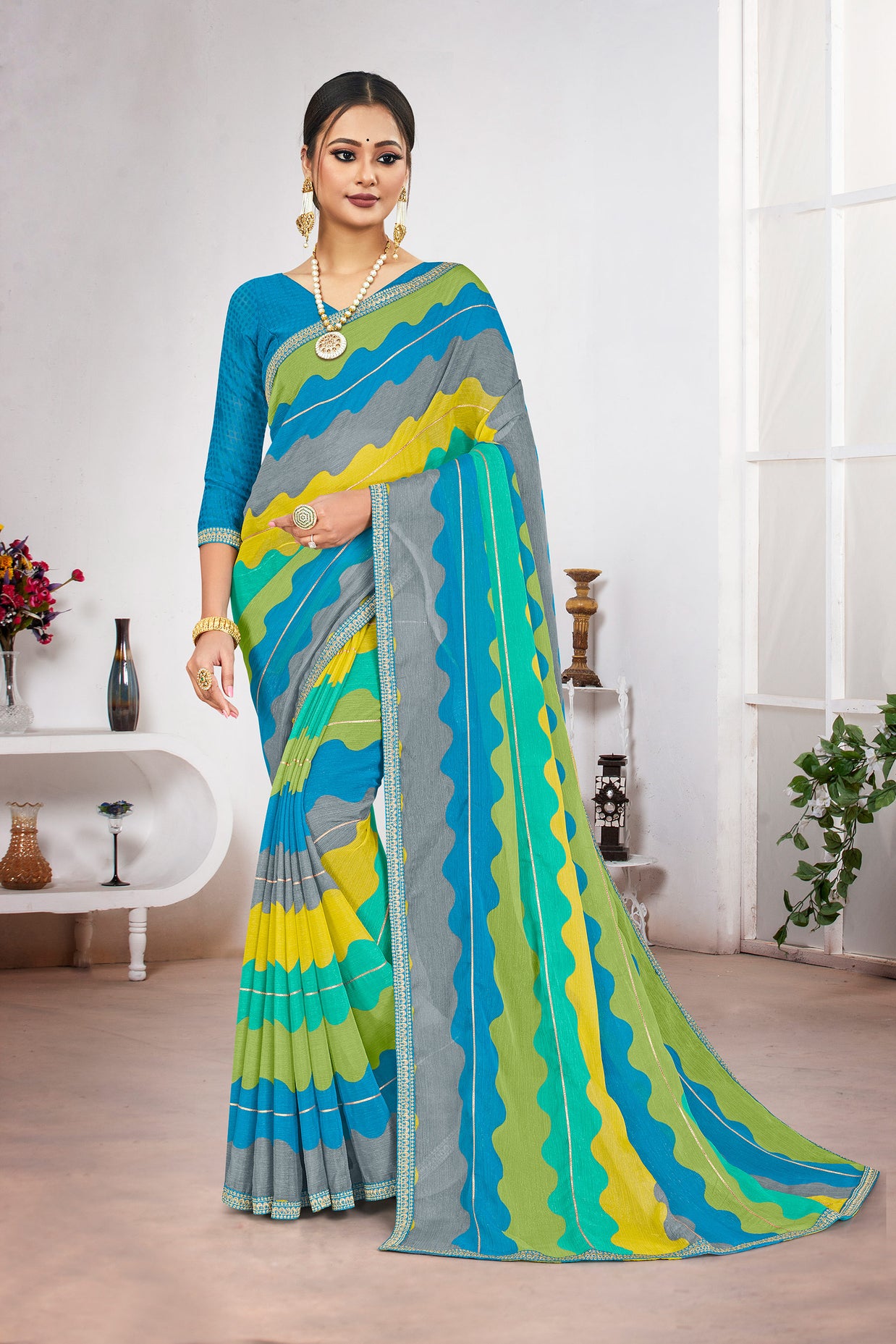 Laxmipati Wavy Printed Chiffon Saree in Multicolor with Unstitched Blouse