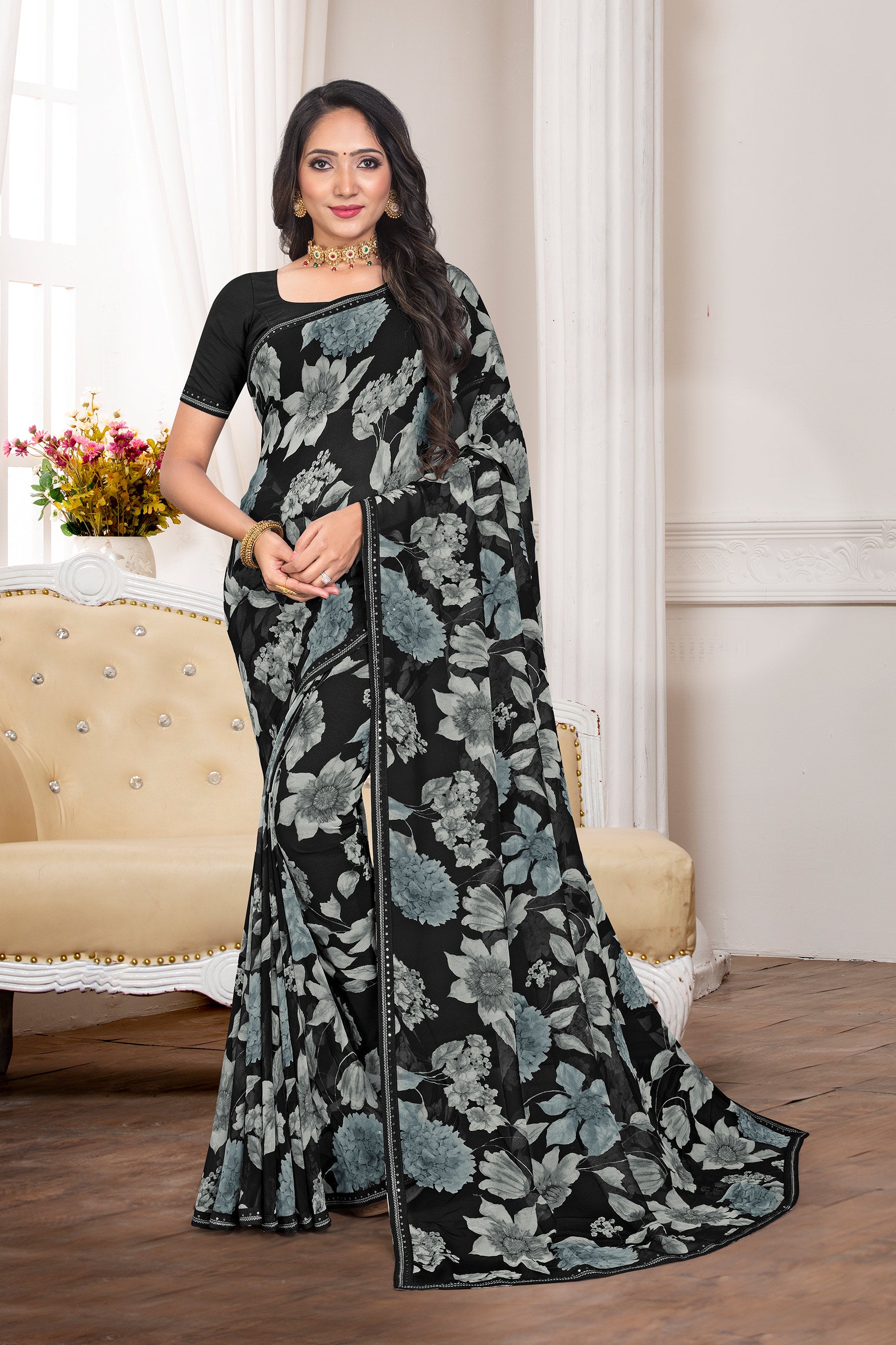 Black Georgette Printed Saree