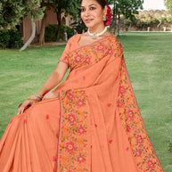 Laxmipati Falooda Floral Embroidered Chiffon Saree in Peach Color with Unstitched Blouse