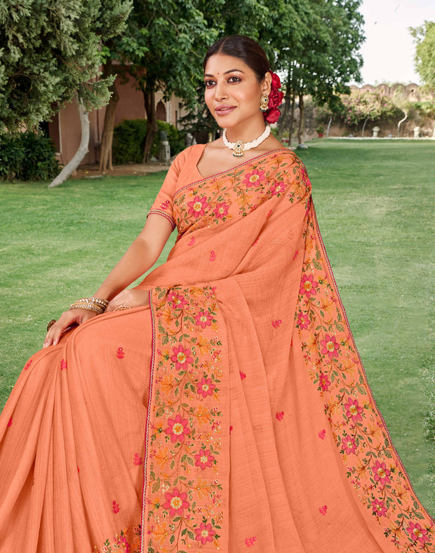 Laxmipati Falooda Floral Embroidered Chiffon Saree in Peach Color with Unstitched Blouse