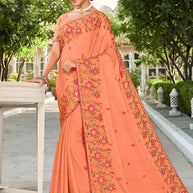 Laxmipati Falooda Floral Embroidered Chiffon Saree in Peach Color with Unstitched Blouse