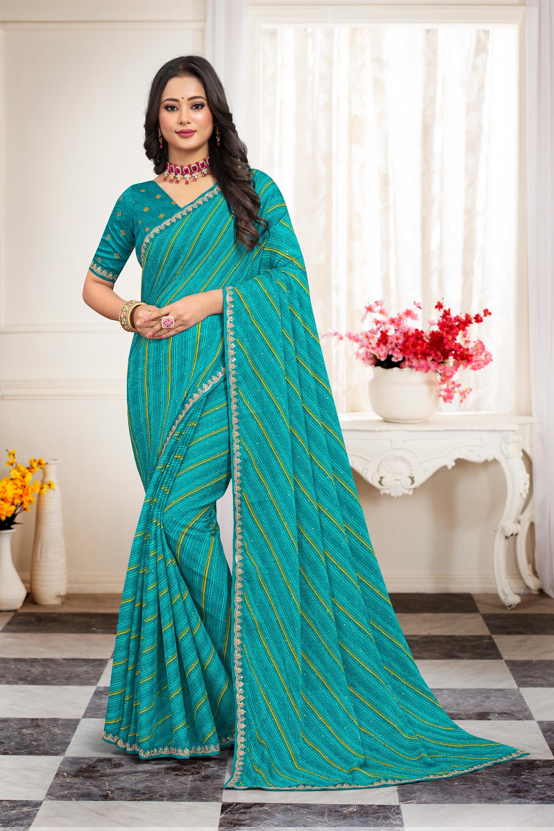 Laxmipati Leheriya Printed Chiffon Saree in Turquoise Blue with Unstitched Blouse