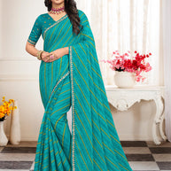 Laxmipati Leheriya Printed Chiffon Saree in Turquoise Blue with Unstitched Blouse