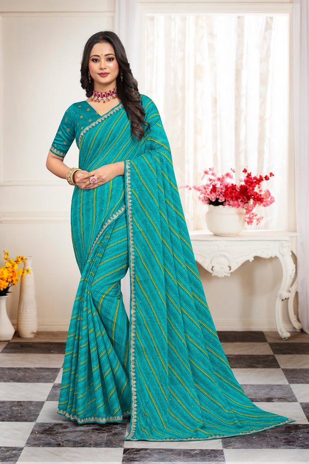 Laxmipati Leheriya Printed Chiffon Saree in Turquoise Blue with Unstitched Blouse
