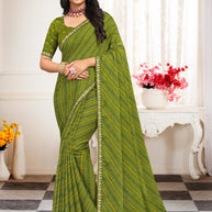 Laxmipati Leheriya Printed Chiffon Saree in Olive Green with Unstitched Blouse