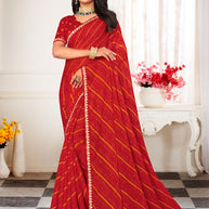 Laxmipati Leheriya Printed Chiffon Saree in Red with Unstitched Blouse