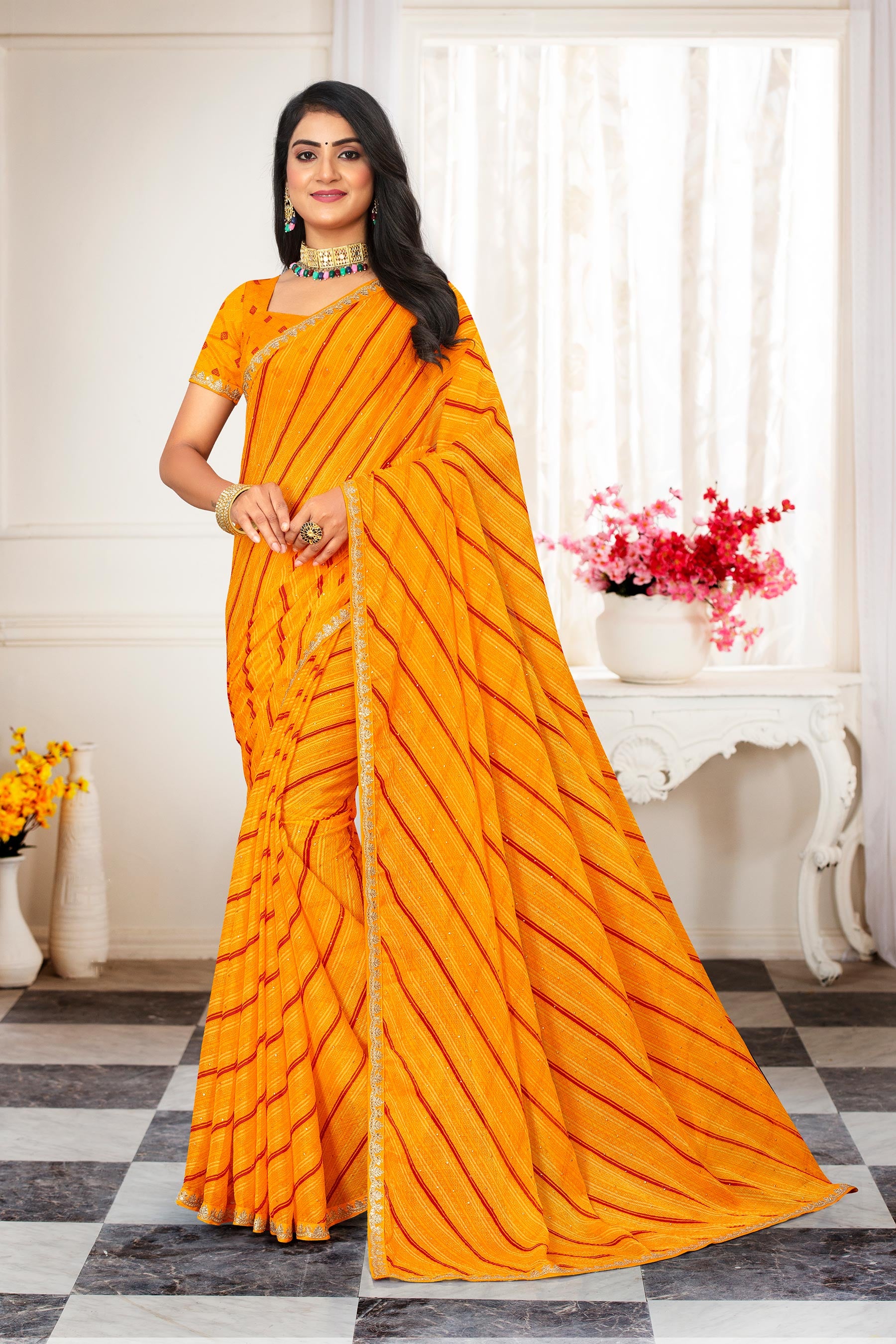 Laxmipati Leheriya Printed Chiffon Saree in Orange with Unstitched Blouse