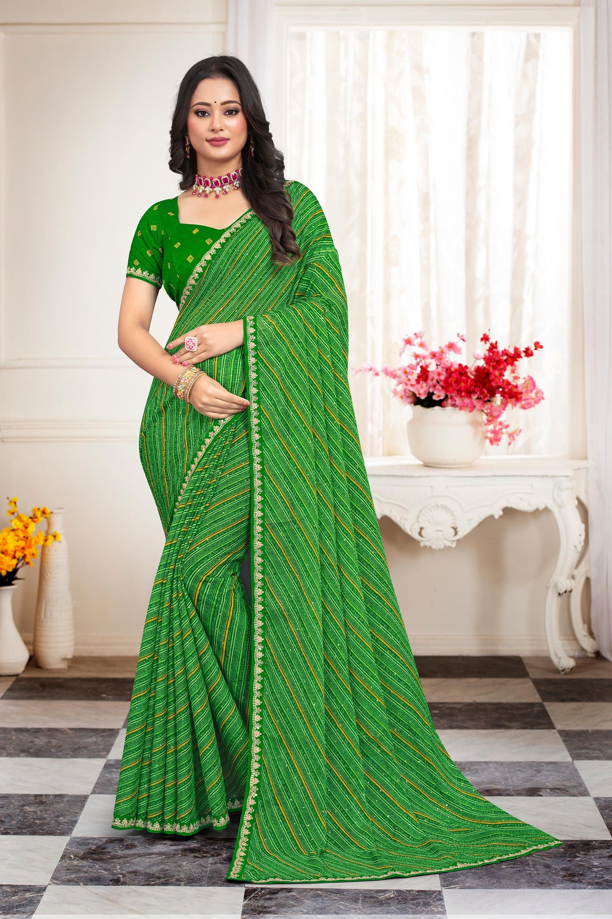 Laxmipati Leheriya Printed Chiffon Saree in Green with Unstitched Blouse