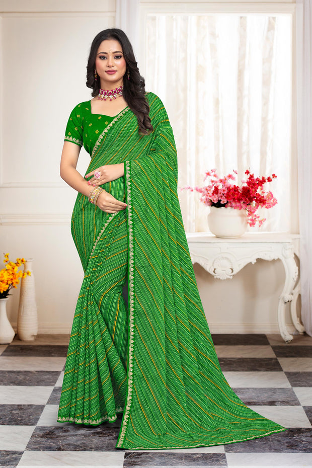 Laxmipati Leheriya Printed Chiffon Saree in Green with Unstitched Blouse