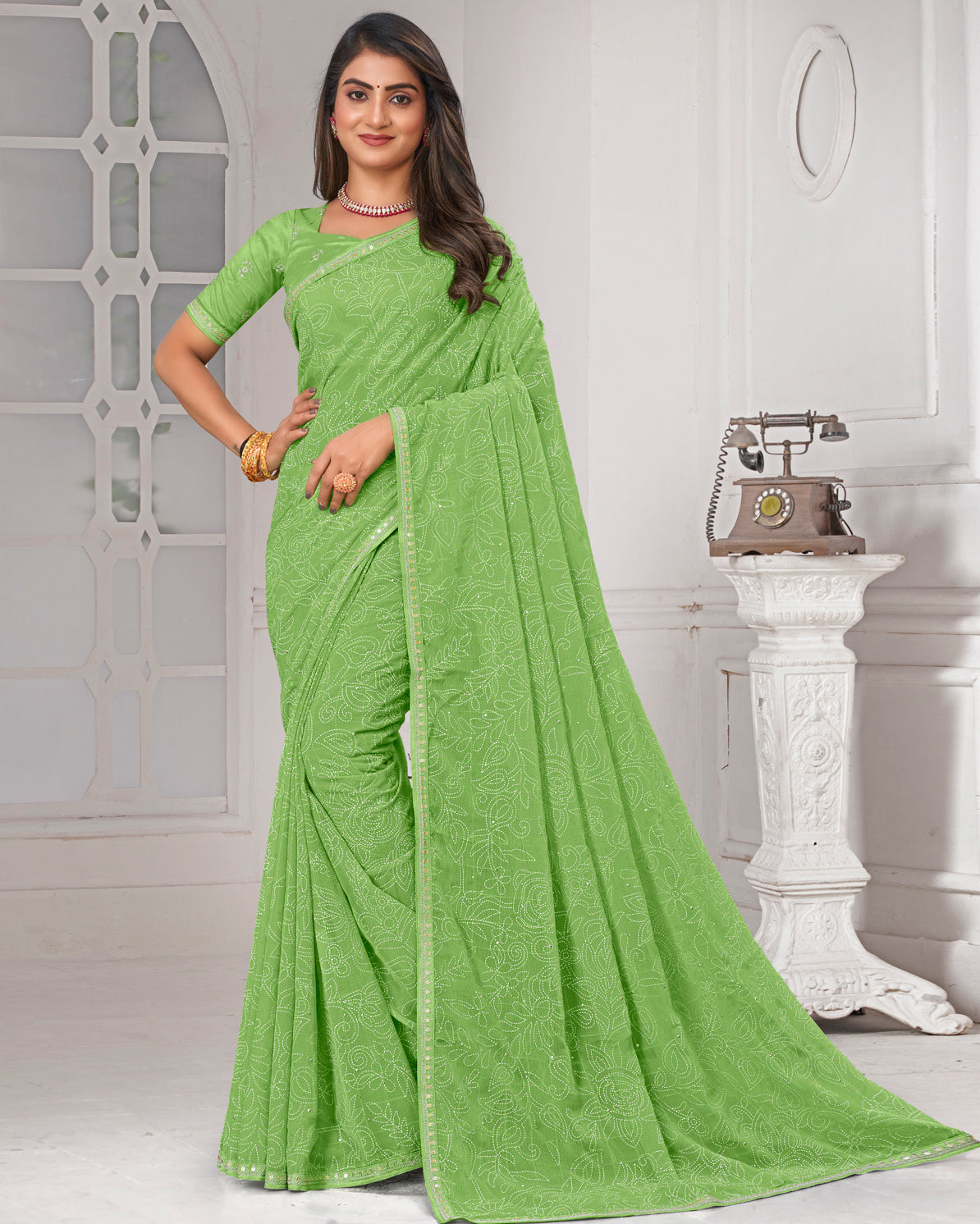 Laxmipati Green Floral Printed Chiffon Saree