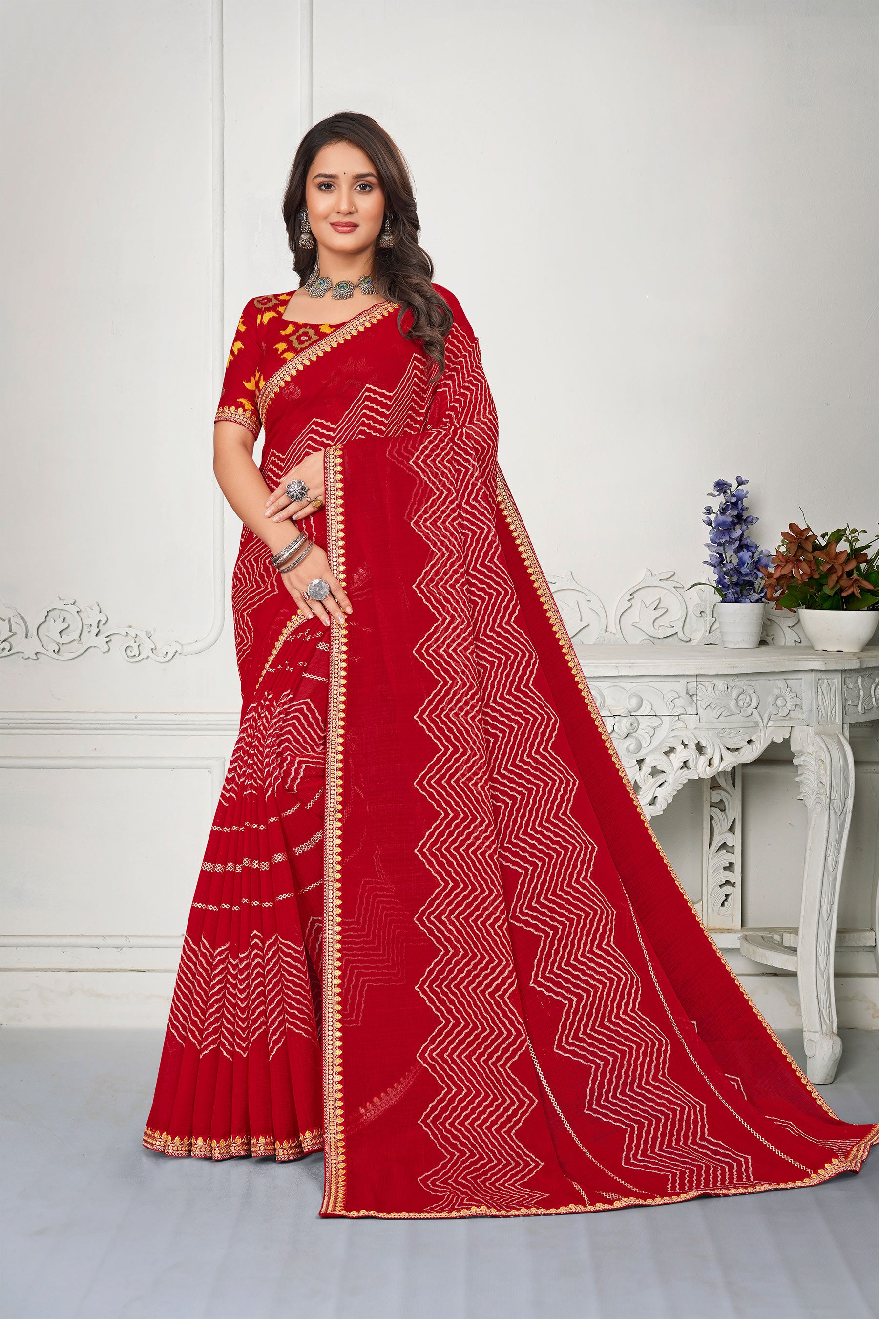 Red Chiffon Printed Saree