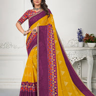 Laxmipati Ikkat Printed Chiffon Saree in Mustard Color
