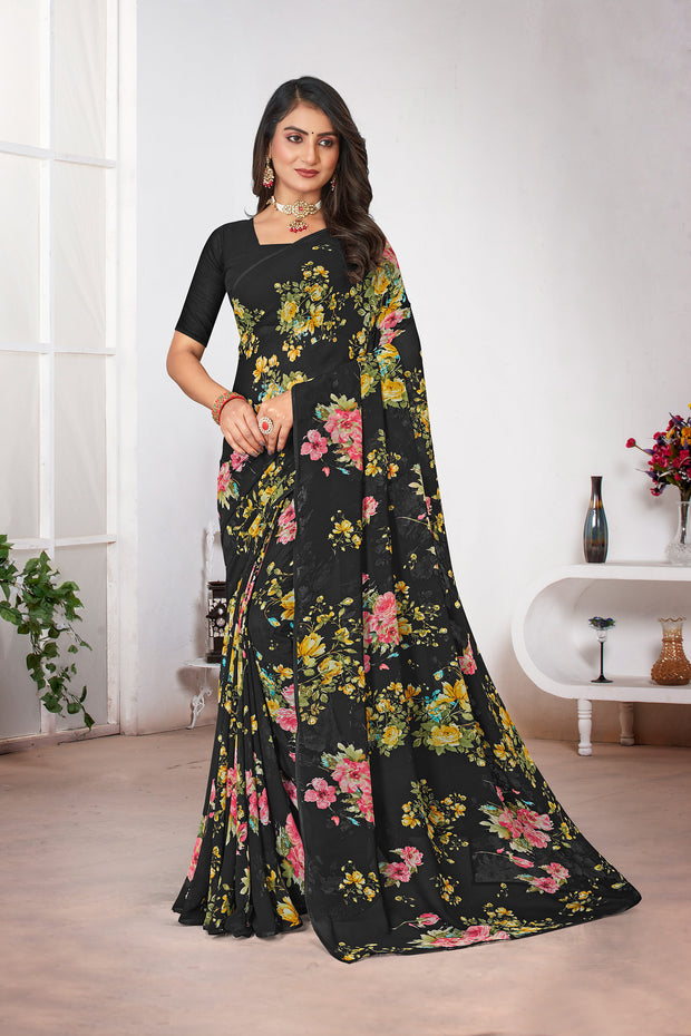 Laxmipati Black Georgette Floral Printed Saree