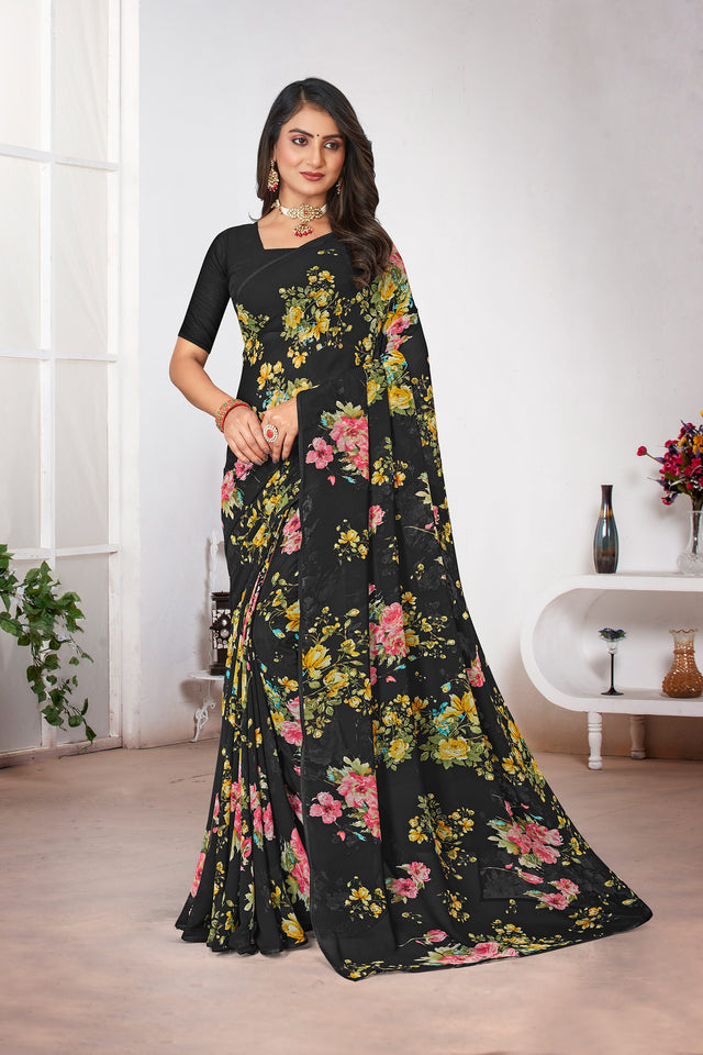 Laxmipati Black Georgette Floral Printed Saree