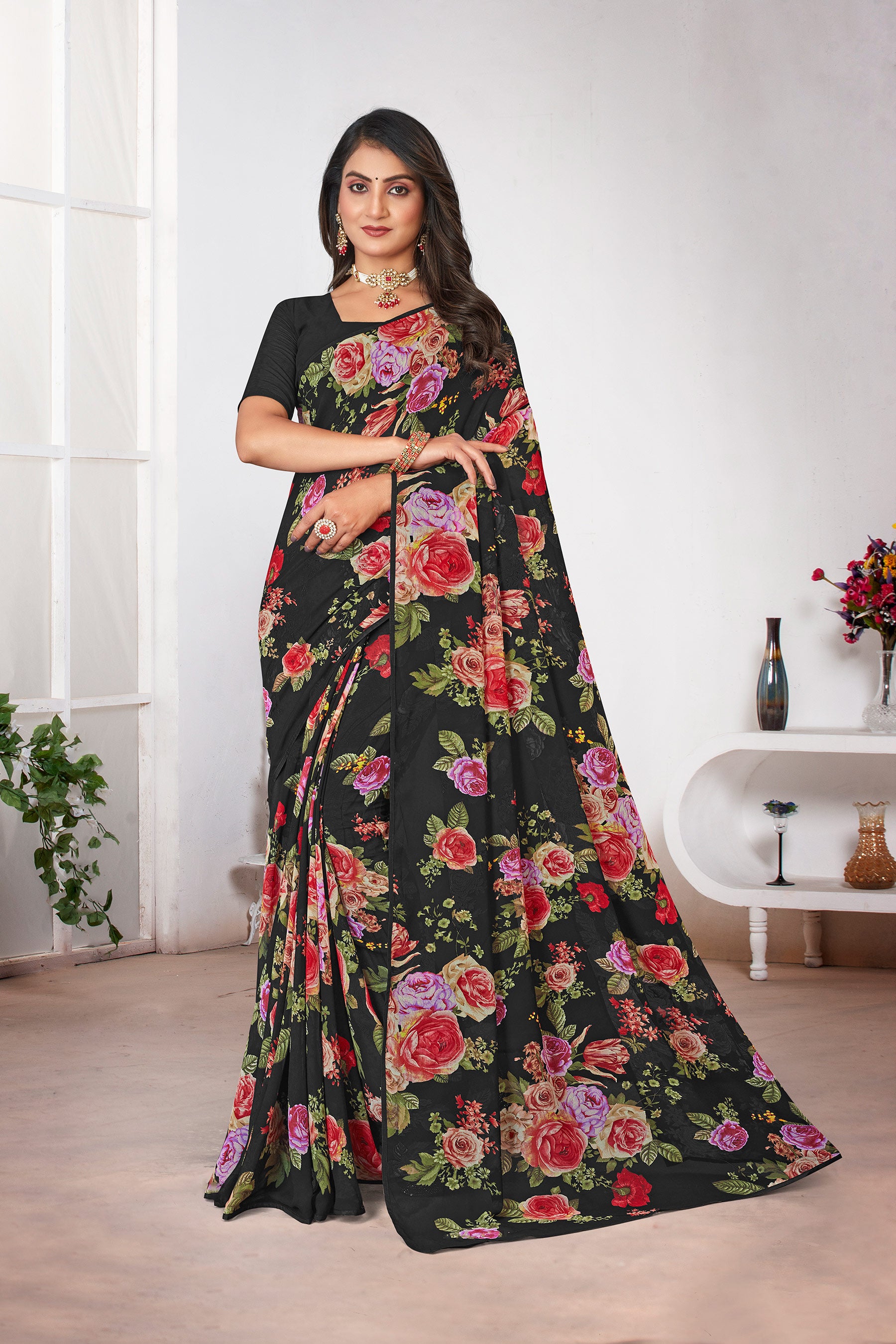 Laxmipati Black Georgette Floral Printed Saree