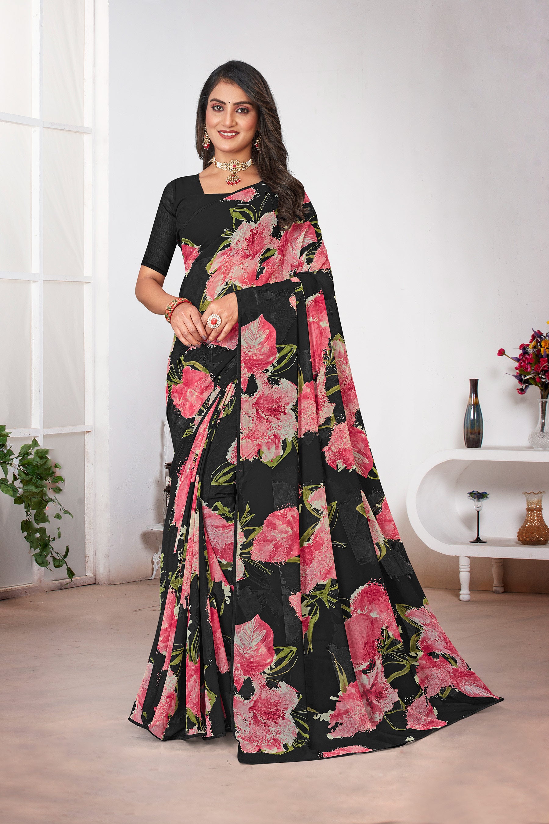 Laxmipati Black Georgette Floral Printed Saree